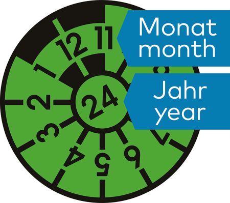 Grüne HU-Plakette mit Erklärung in welchem Monat und Jahr die nächste Hauptuntersuchung ansteht.
